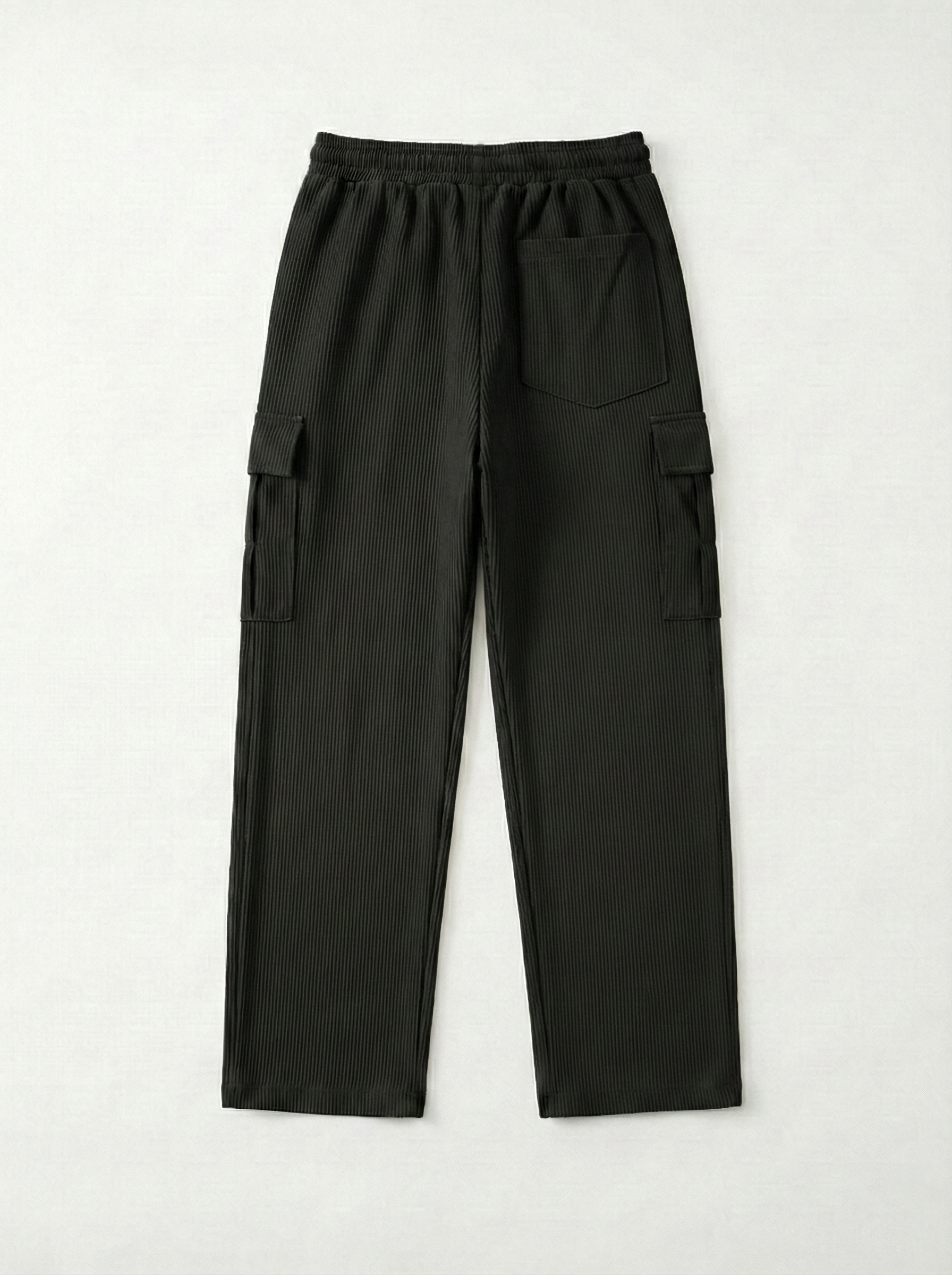 Men’s Stretch Ribbed Cargo Pants – Loose Fit Korean Streetwear (Jet Black)