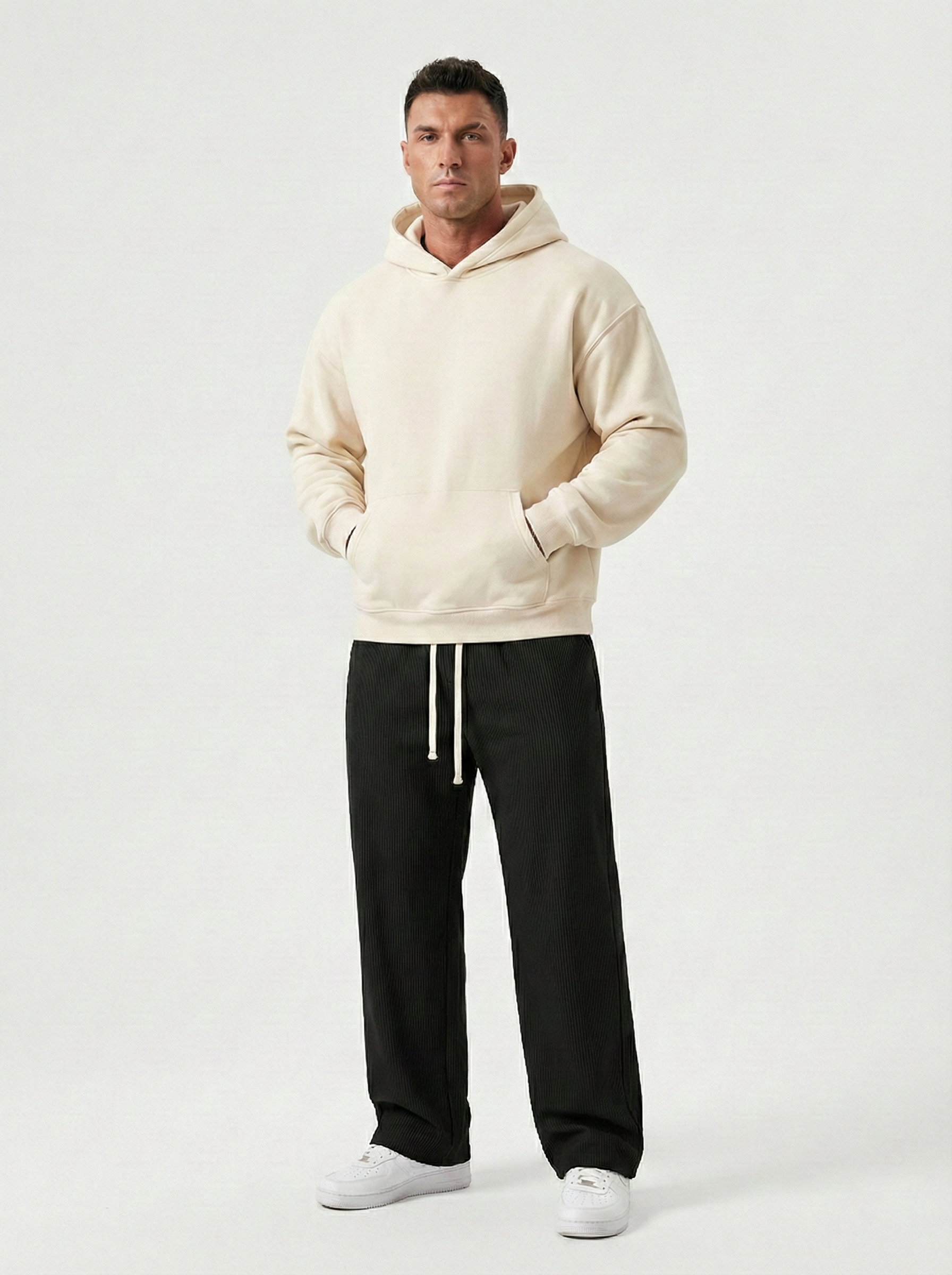 Urban Soft Ribbed Trousers | Baggy Fit Wide Leg - Jet Black