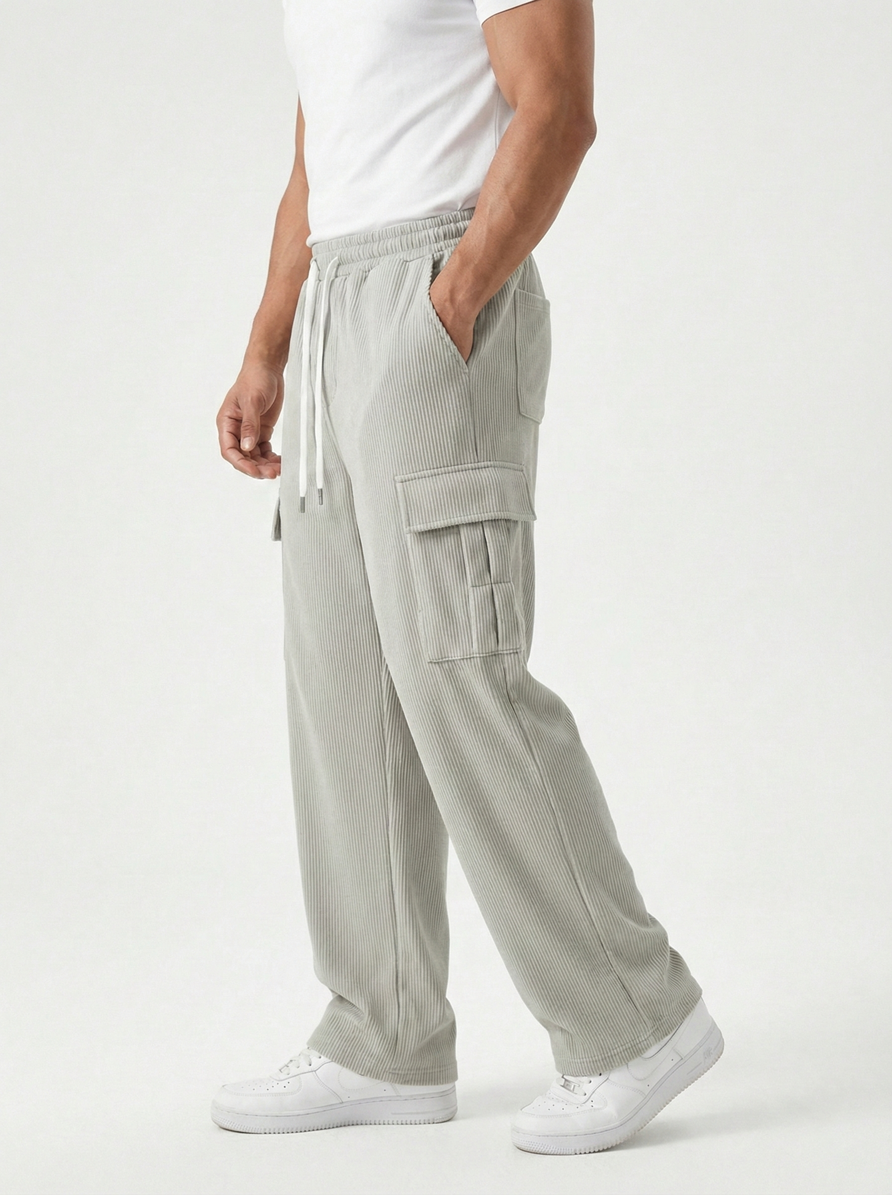 Urban Soft Ribbed Cargo | Baggy Fit Wide Leg Trousers - Stone Grey