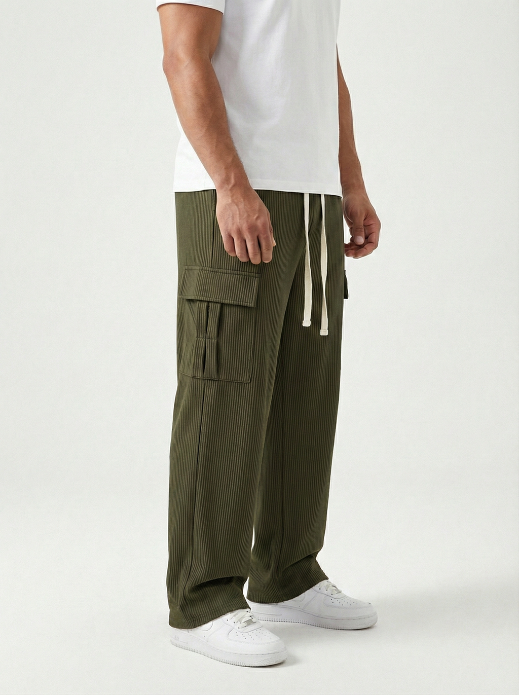 Urban Soft Cord Cargo | Baggy Fit Wide Leg Trousers - Olive Green