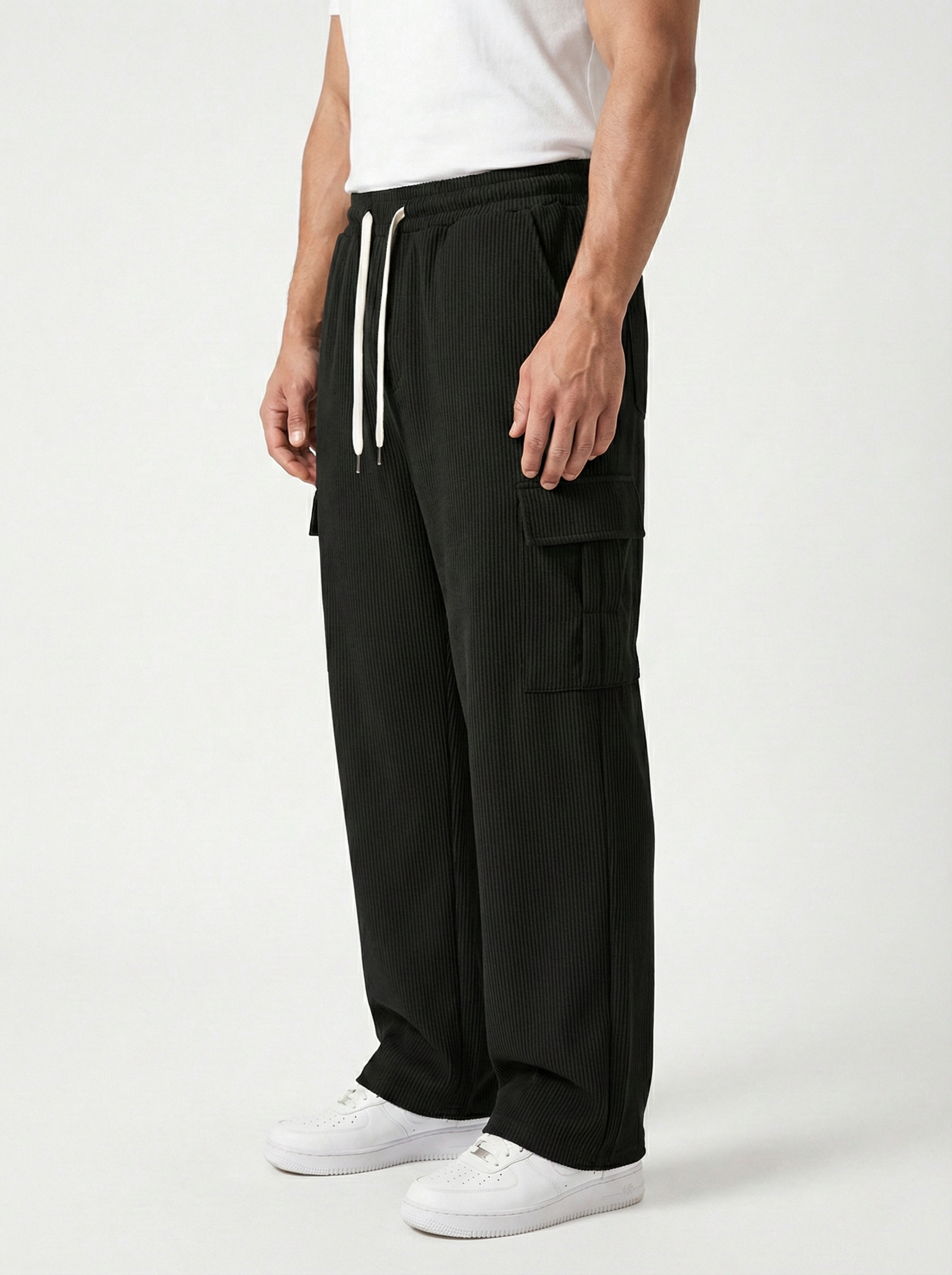 Men’s Stretch Ribbed Cargo Pants – Loose Fit Korean Streetwear (Jet Black)