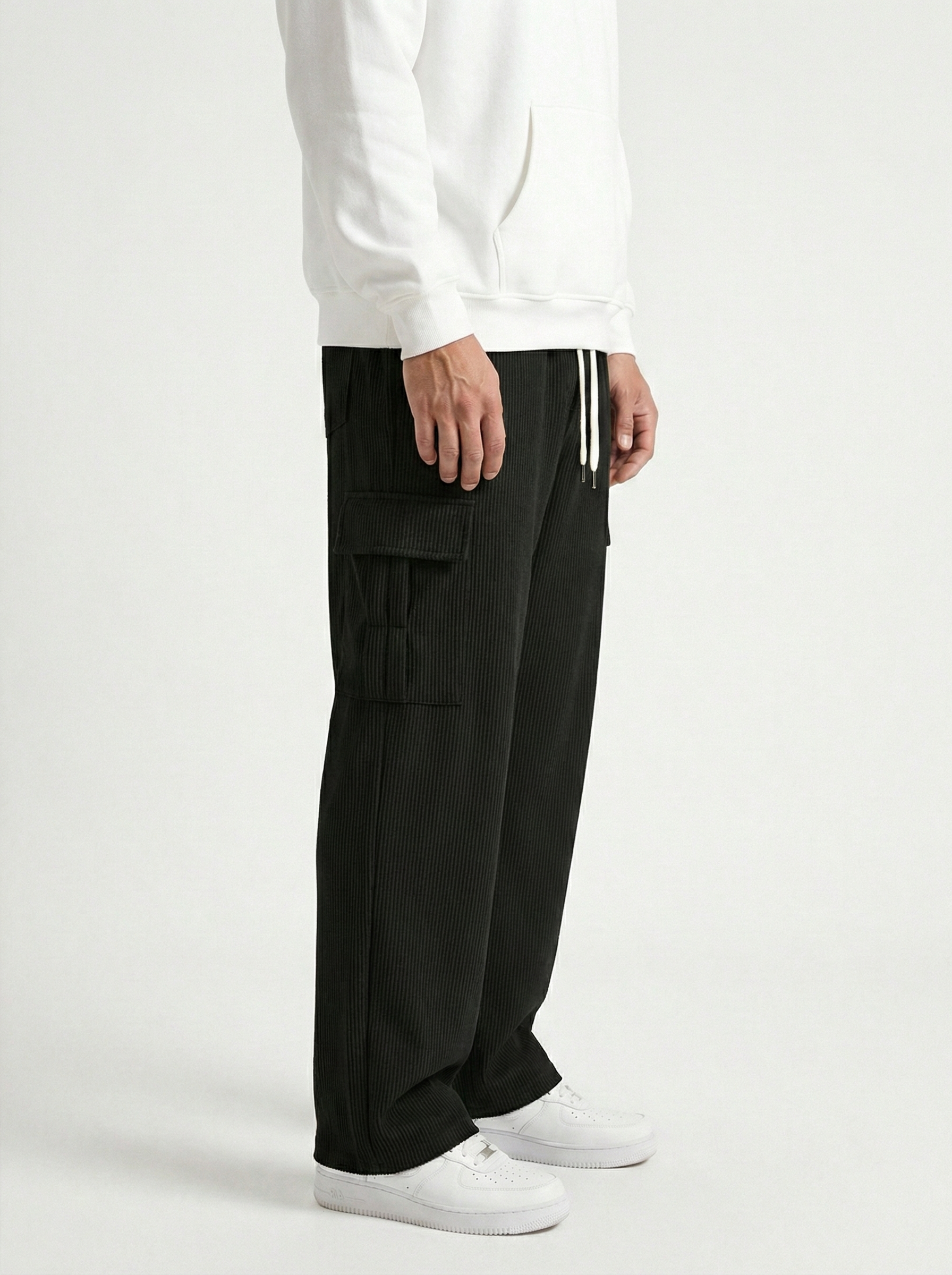 Men’s Stretch Ribbed Cargo Pants – Loose Fit Korean Streetwear (Jet Black)