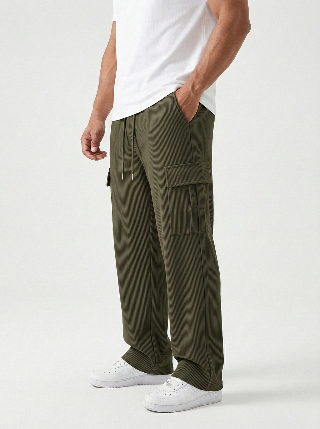Urban Soft Cord Cargo | Baggy Fit Wide Leg Trousers - Olive Green