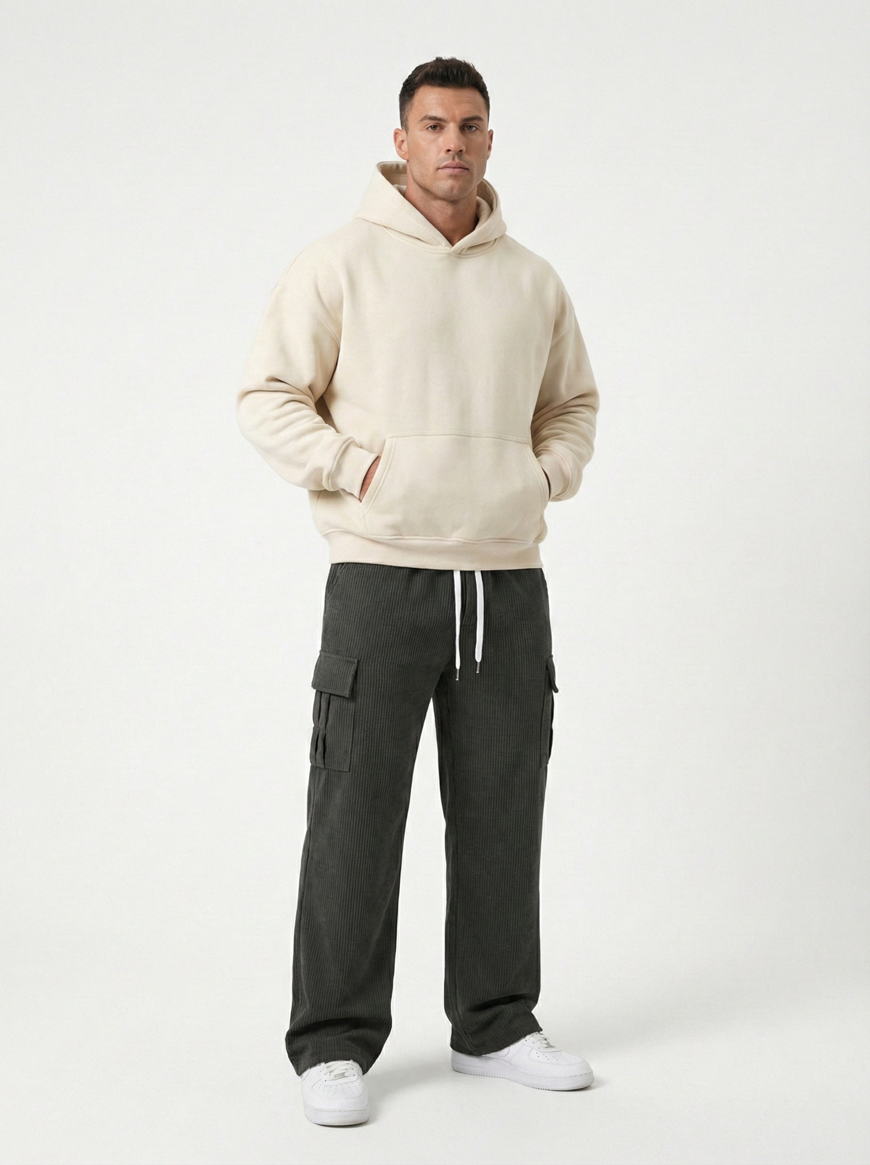 Urban Soft Cord Cargo | Baggy Fit Wide Leg Trousers - Charcoal