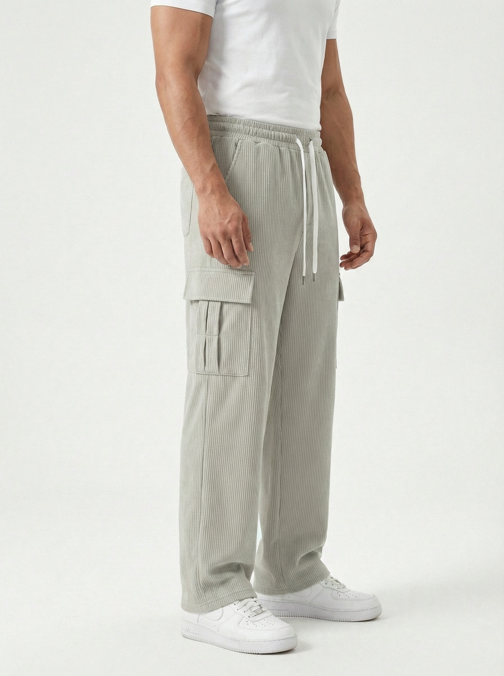 Urban Soft Ribbed Cargo | Baggy Fit Wide Leg Trousers - Stone Grey