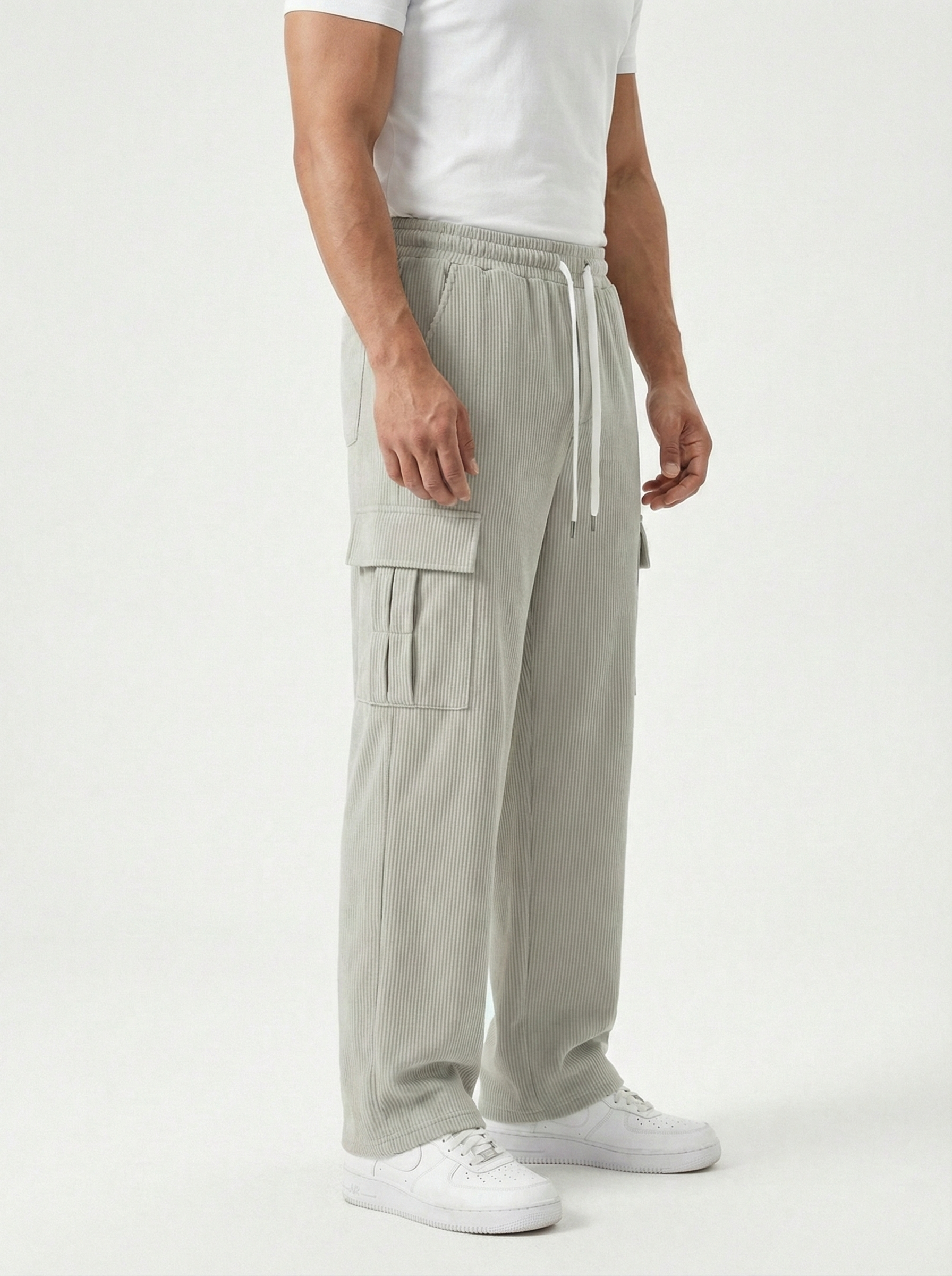 Urban Soft Ribbed Cargo | Baggy Fit Wide Leg Trousers - Stone Grey