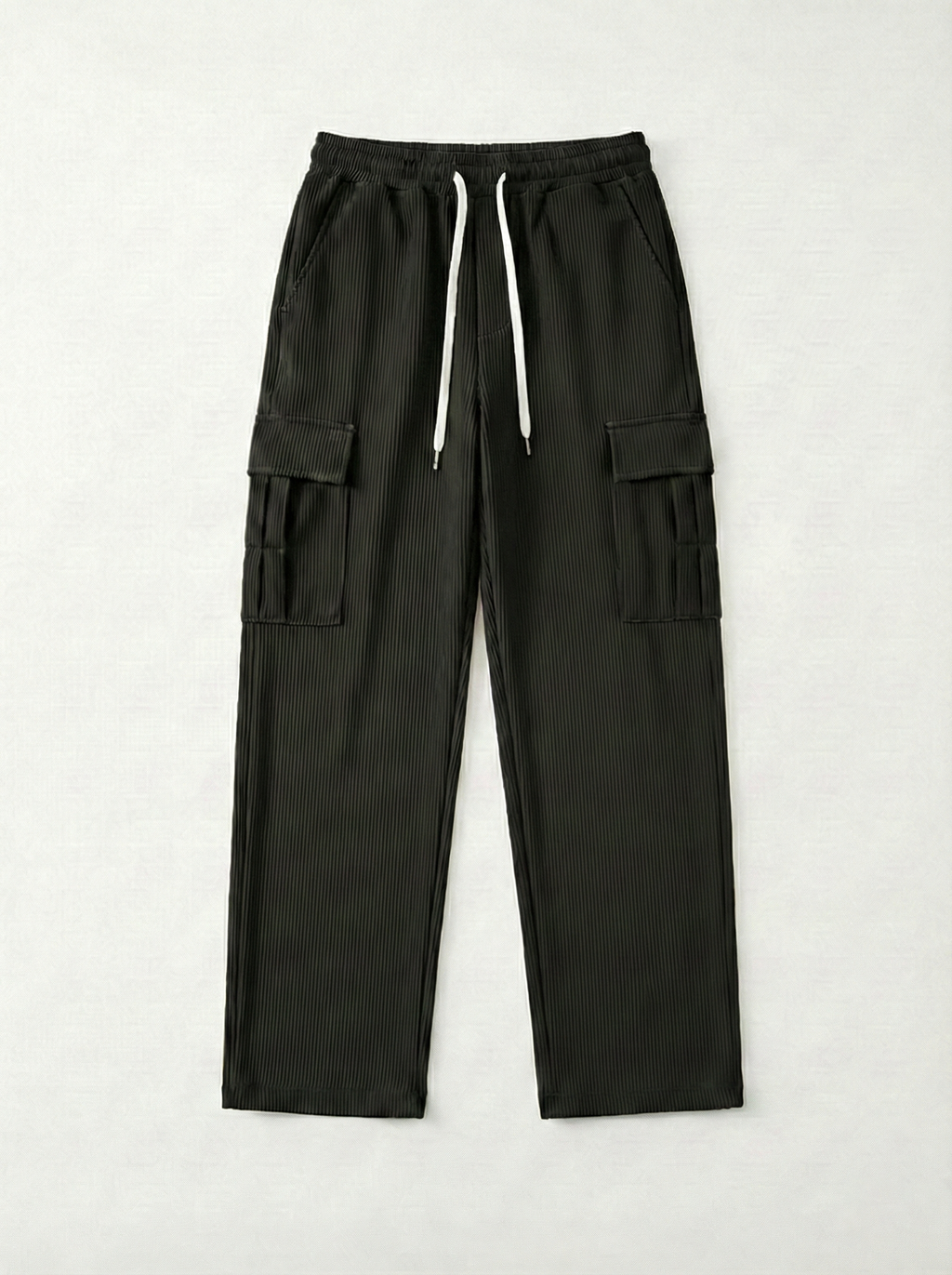 Men’s Stretch Ribbed Cargo Pants – Loose Fit Korean Streetwear (Jet Black)