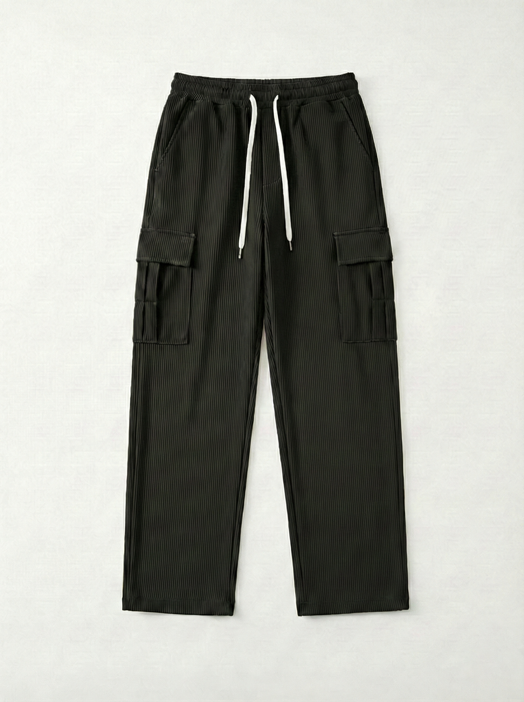 Men’s Stretch Ribbed Cargo Pants – Loose Fit Korean Streetwear (Jet Black)