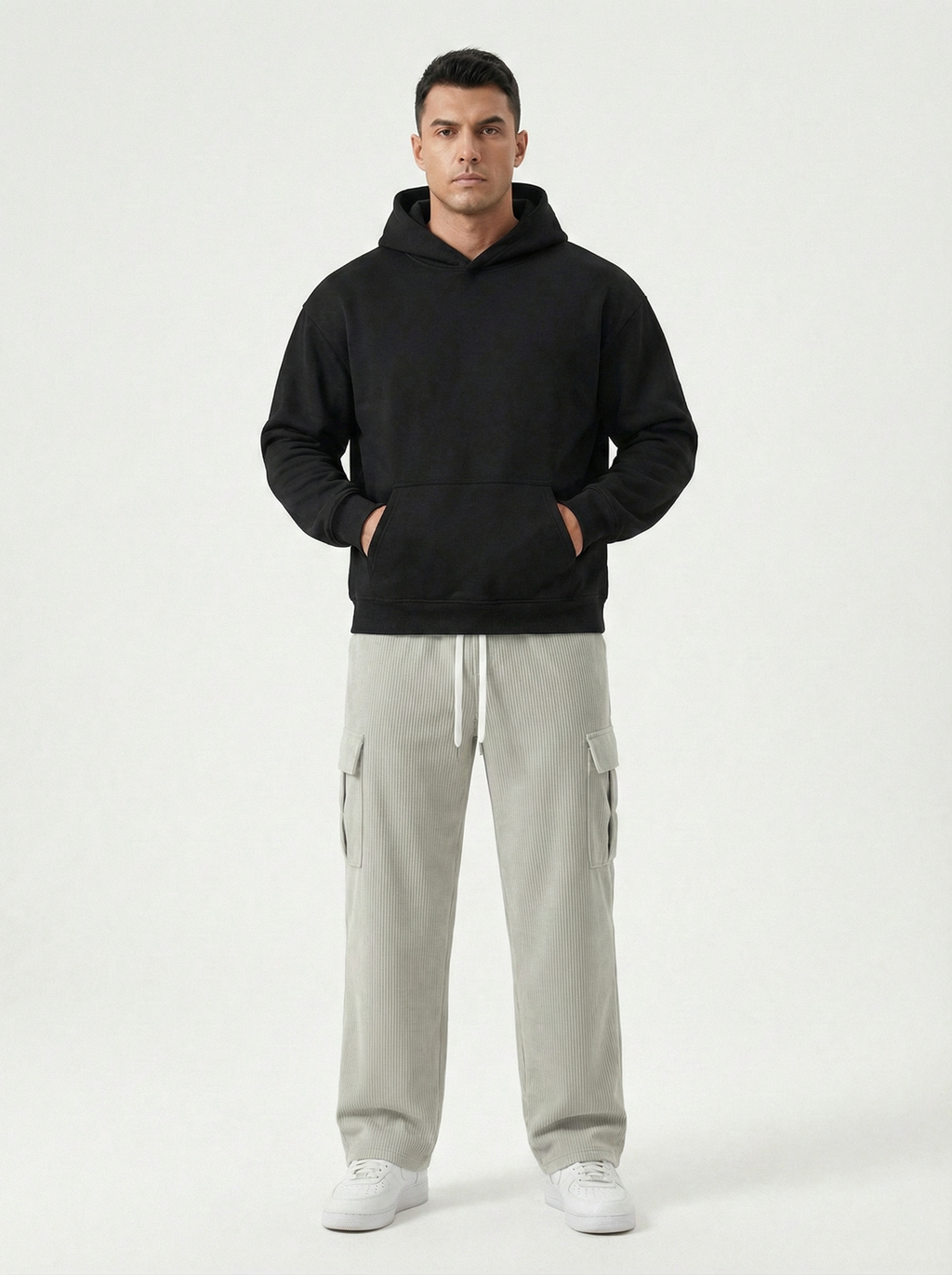 Urban Soft Ribbed Cargo | Baggy Fit Wide Leg Trousers - Stone Grey