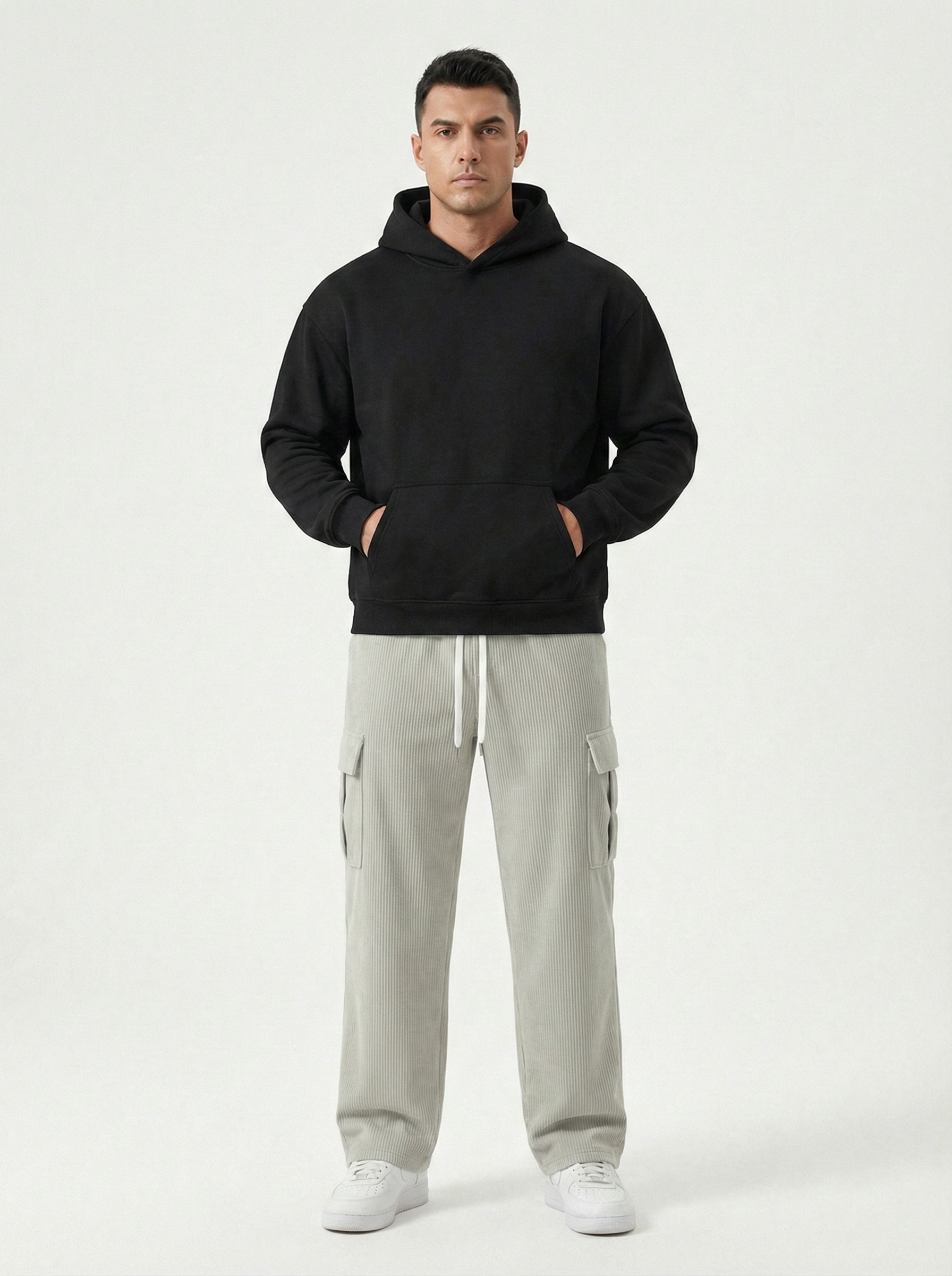 Urban Soft Ribbed Cargo | Baggy Fit Wide Leg Trousers - Stone Grey