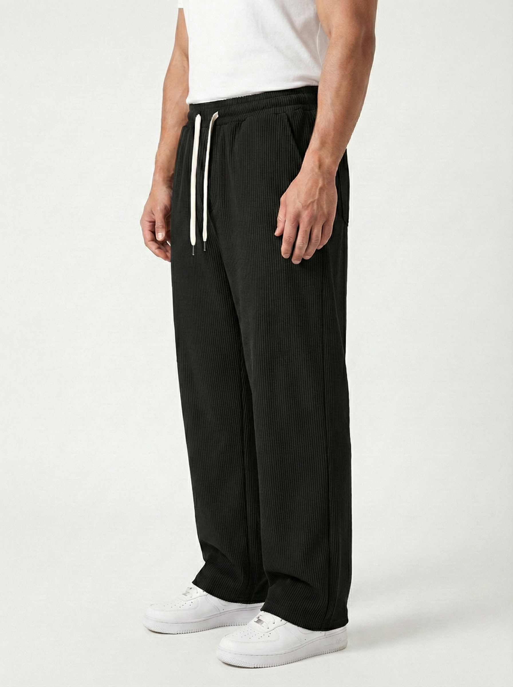 Urban Soft Ribbed Trousers | Baggy Fit Wide Leg - Jet Black