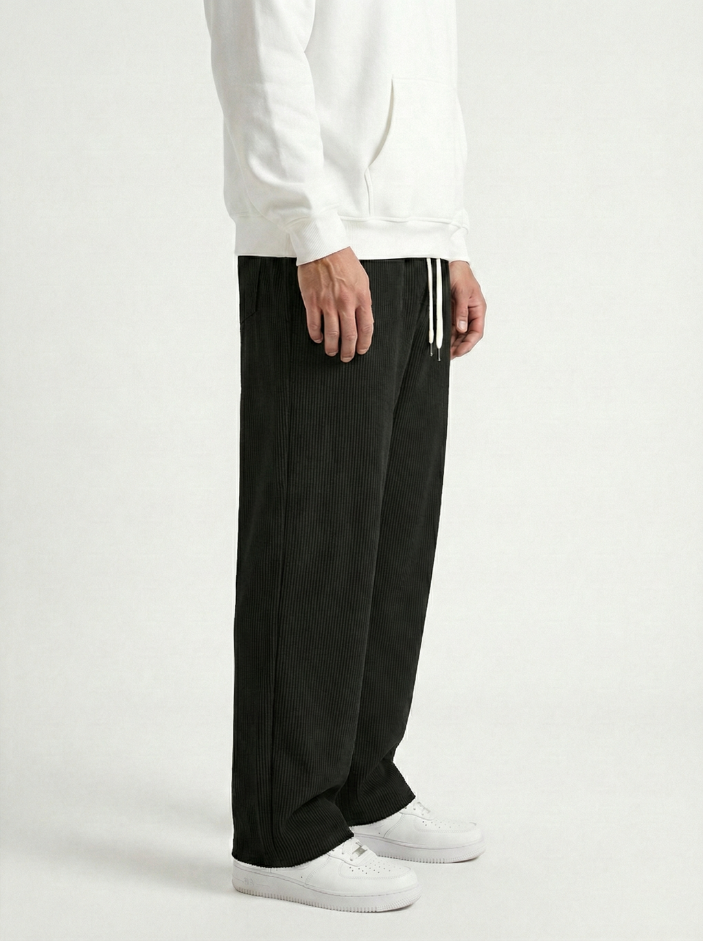 Urban Soft Ribbed Trousers | Baggy Fit Wide Leg - Jet Black