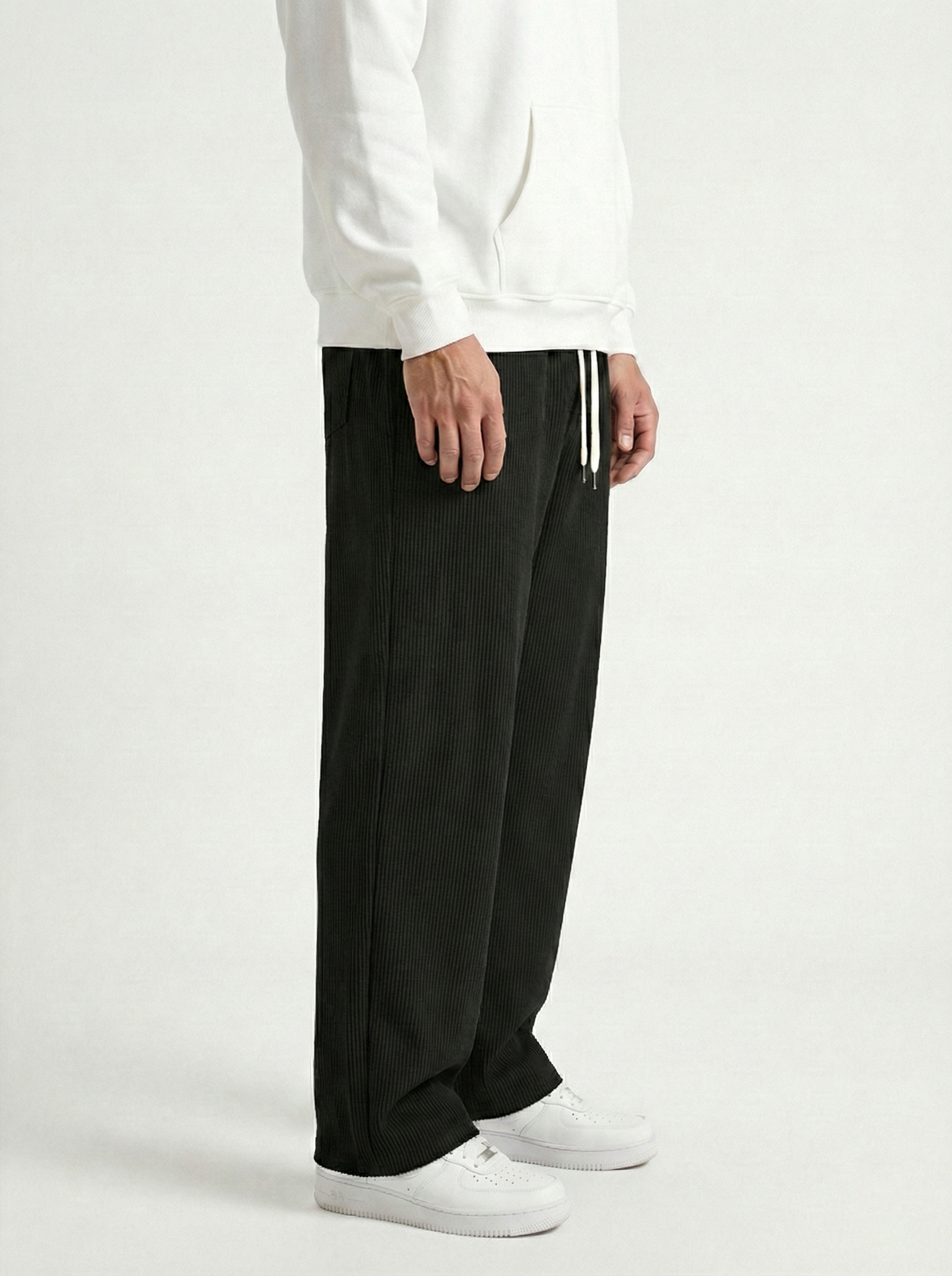 Urban Soft Ribbed Trousers | Baggy Fit Wide Leg - Jet Black