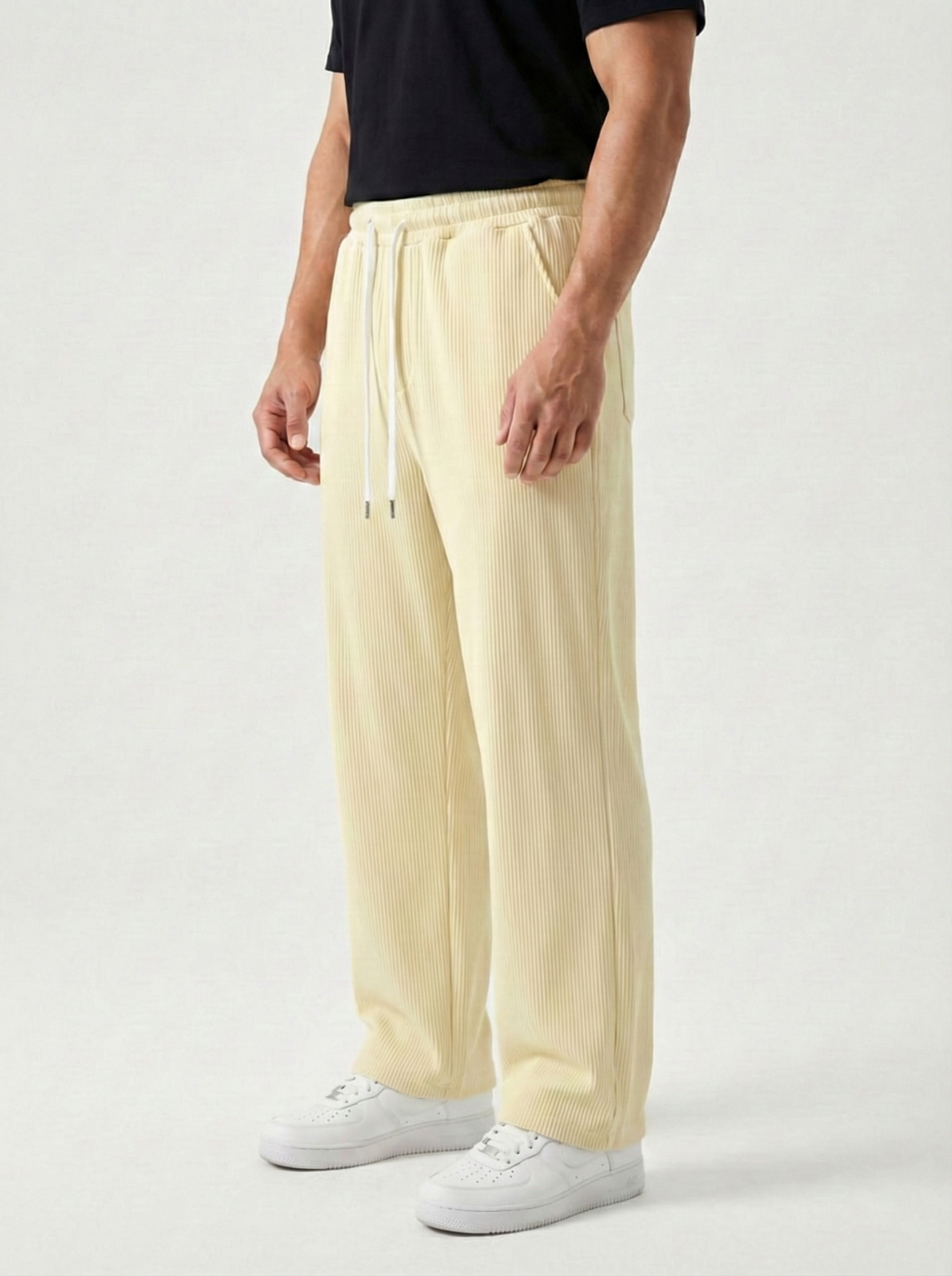 Urban Soft Ribbed Trousers | Baggy Fit Wide Leg - Cream