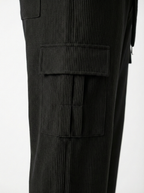 Men’s Stretch Ribbed Cargo Pants – Loose Fit Korean Streetwear (Jet Black)