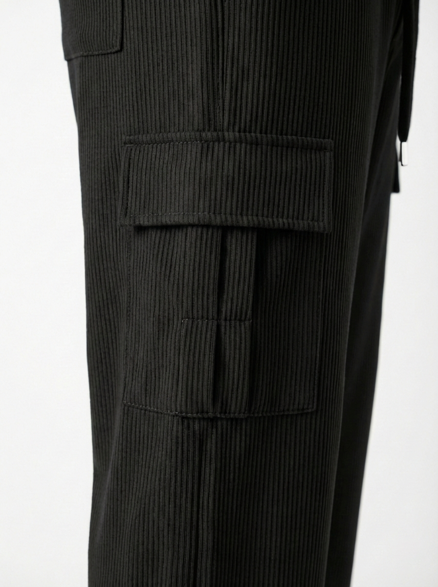Men’s Stretch Ribbed Cargo Pants – Loose Fit Korean Streetwear (Jet Black)