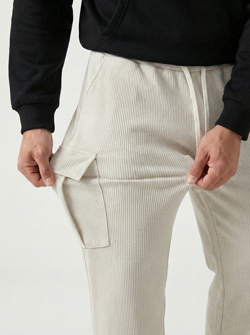 Urban Soft Ribbed Cargo | Baggy Fit Wide Leg Trousers - Stone Grey