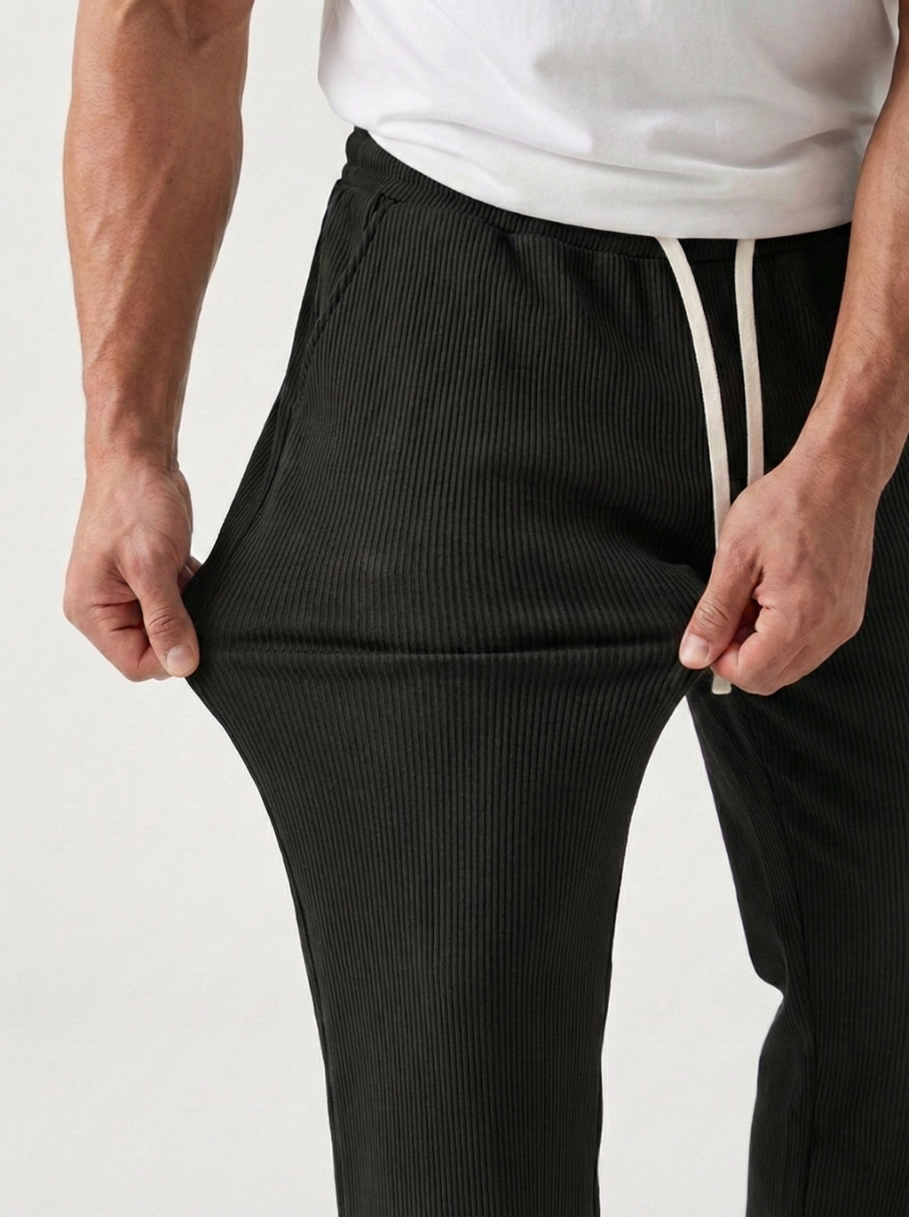 Urban Soft Ribbed Trousers | Baggy Fit Wide Leg - Jet Black