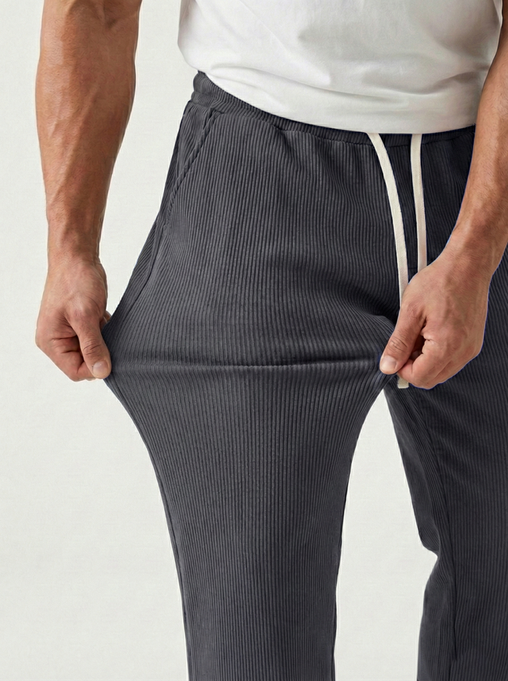 Urban Soft Ribbed Trousers | Baggy Fit Wide Leg - Dark Grey