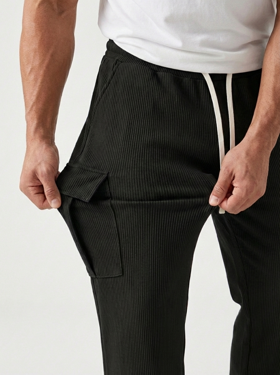 Men’s Stretch Ribbed Cargo Pants – Loose Fit Korean Streetwear (Jet Black)