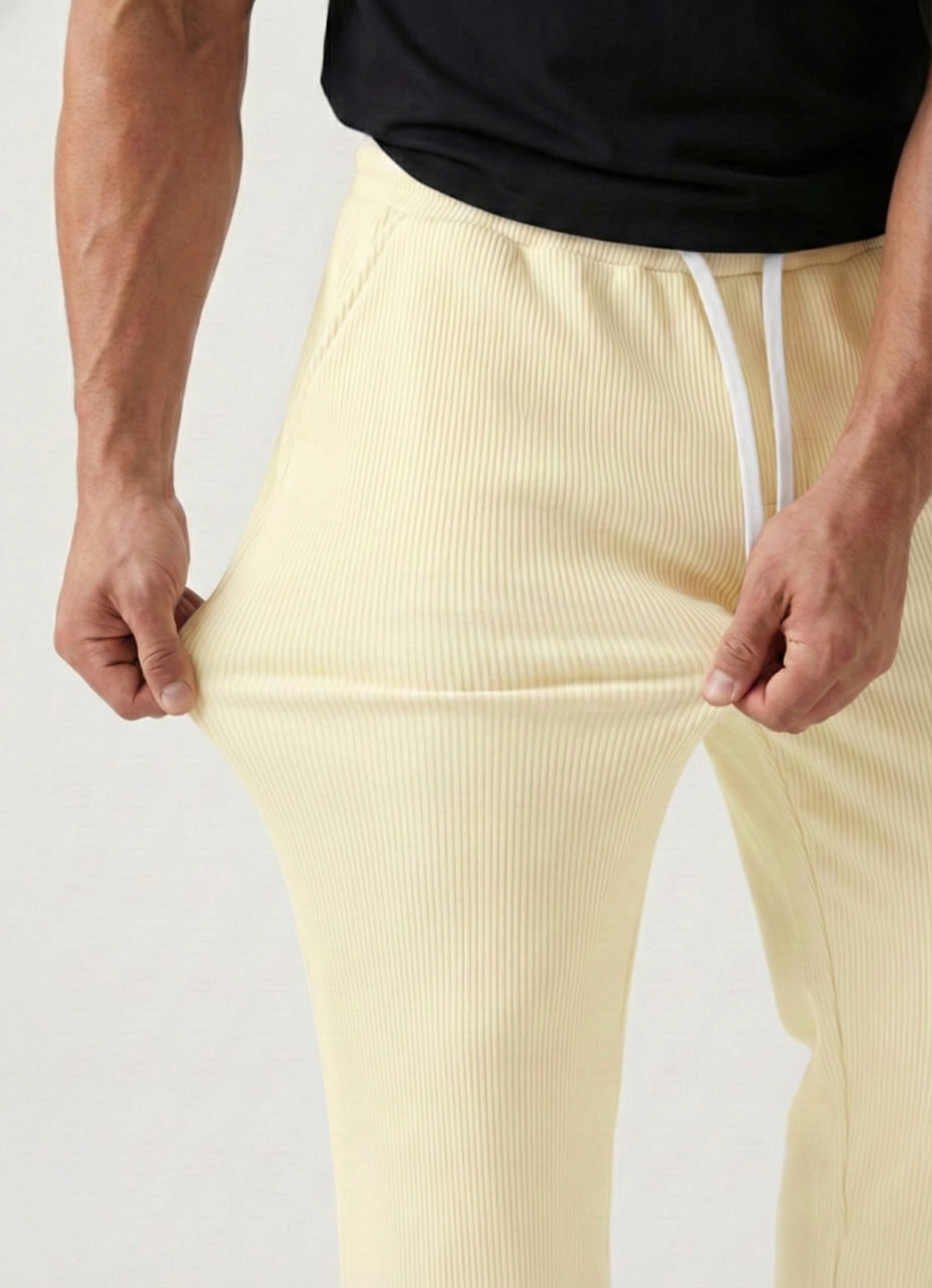 Urban Soft Ribbed Trousers | Baggy Fit Wide Leg - Cream